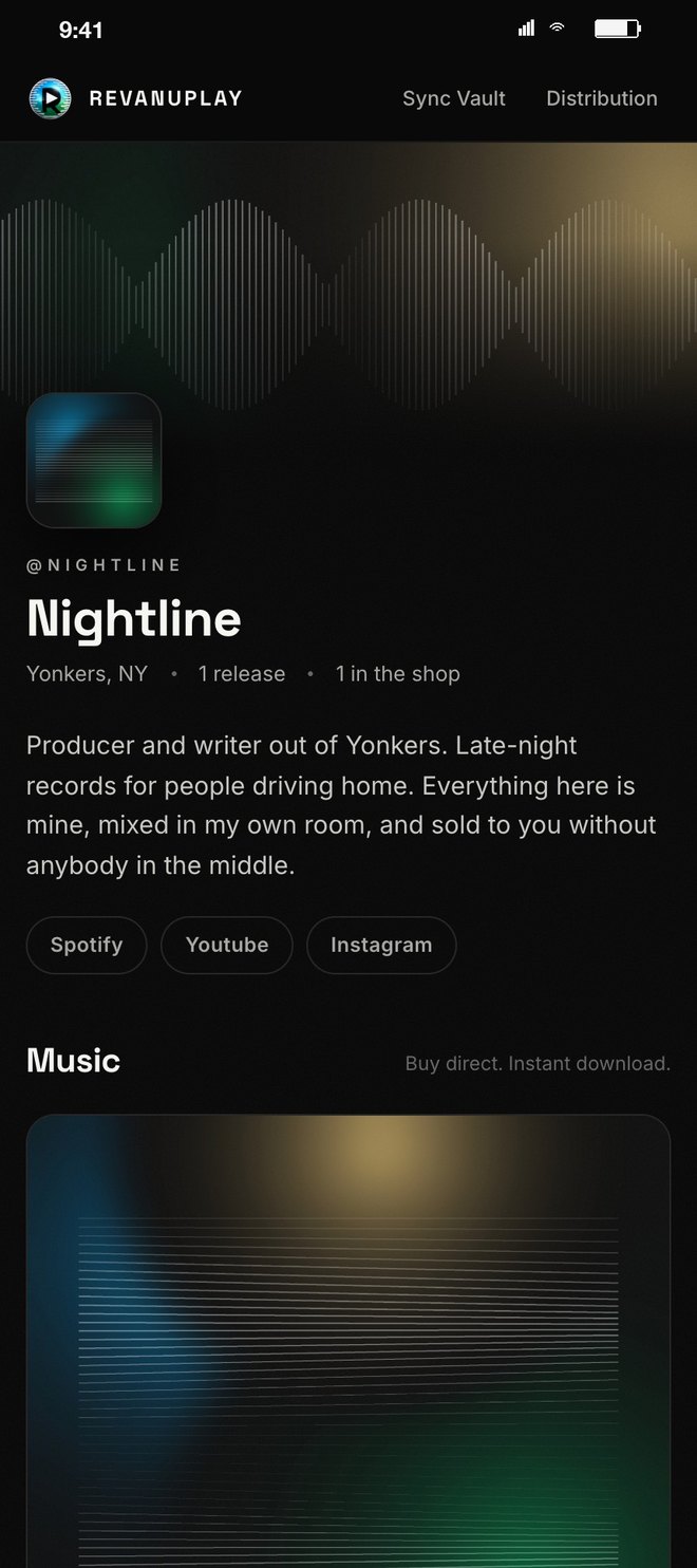A sample artist storefront: banner, name, bio, social links and the music section