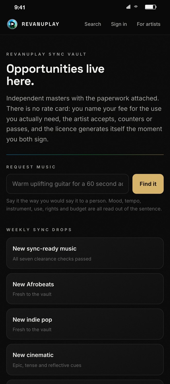 The Sync Vault front page: Opportunities live here, Request Music, weekly sync drops