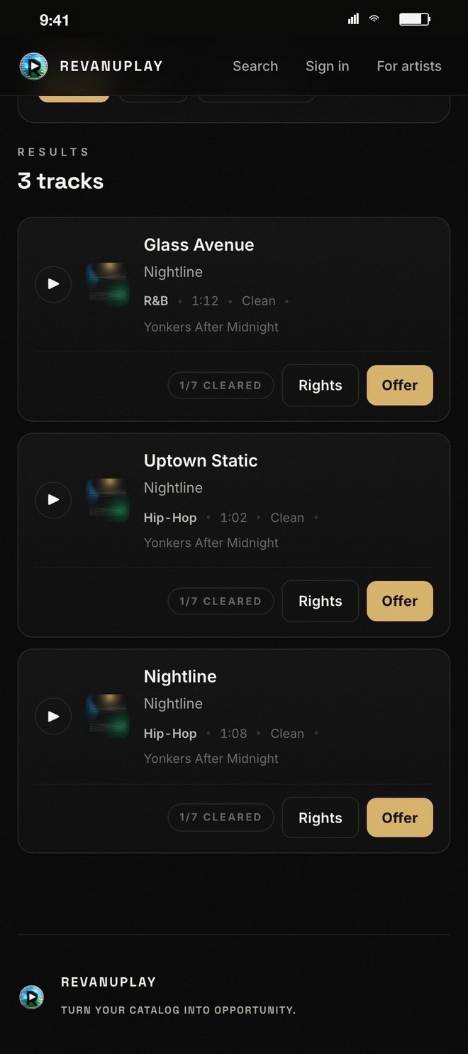Vault results: three tracks with genre, length, clearance count, Rights and Offer buttons