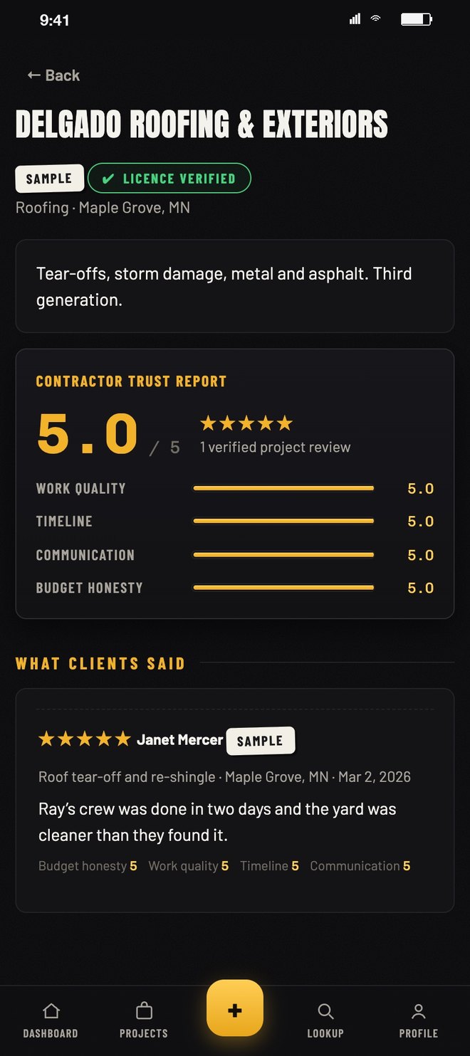 A contractor profile with a license verified badge and their score