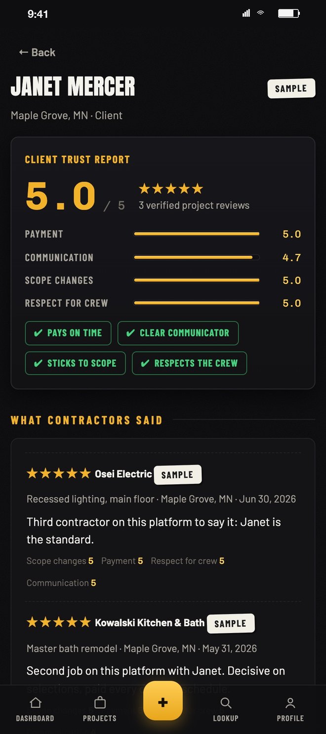 A client Trust Report scoring payment, communication, scope changes and respect for crew