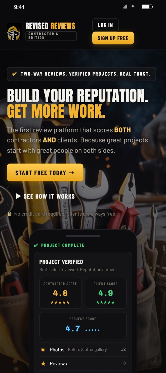 The Revised Reviews front page, black and gold, with a project verified card