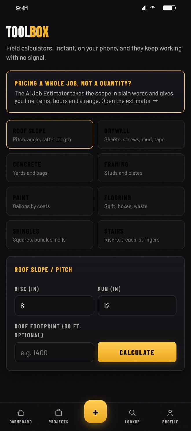 The toolbox of field calculators with roof slope open