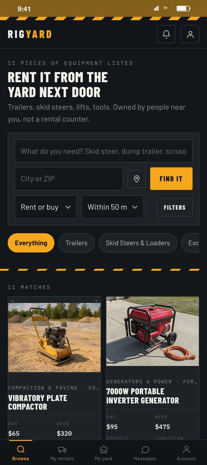 Browse: rent it from the yard next door, search by what you need, city or ZIP, distance, rent or buy, with equipment cards below