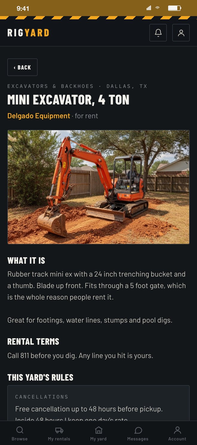A listing: Mini Excavator 4 Ton from Delgado Equipment, photo, what it is, rental terms and this yard's rules