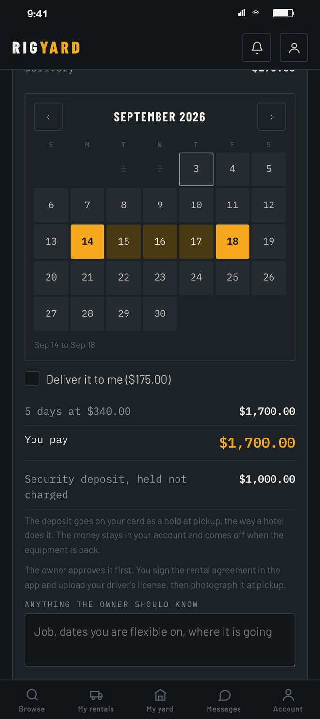 The calendar with five days picked, the quote: 5 days at $340 is $1,700, security deposit $1,000 held not charged