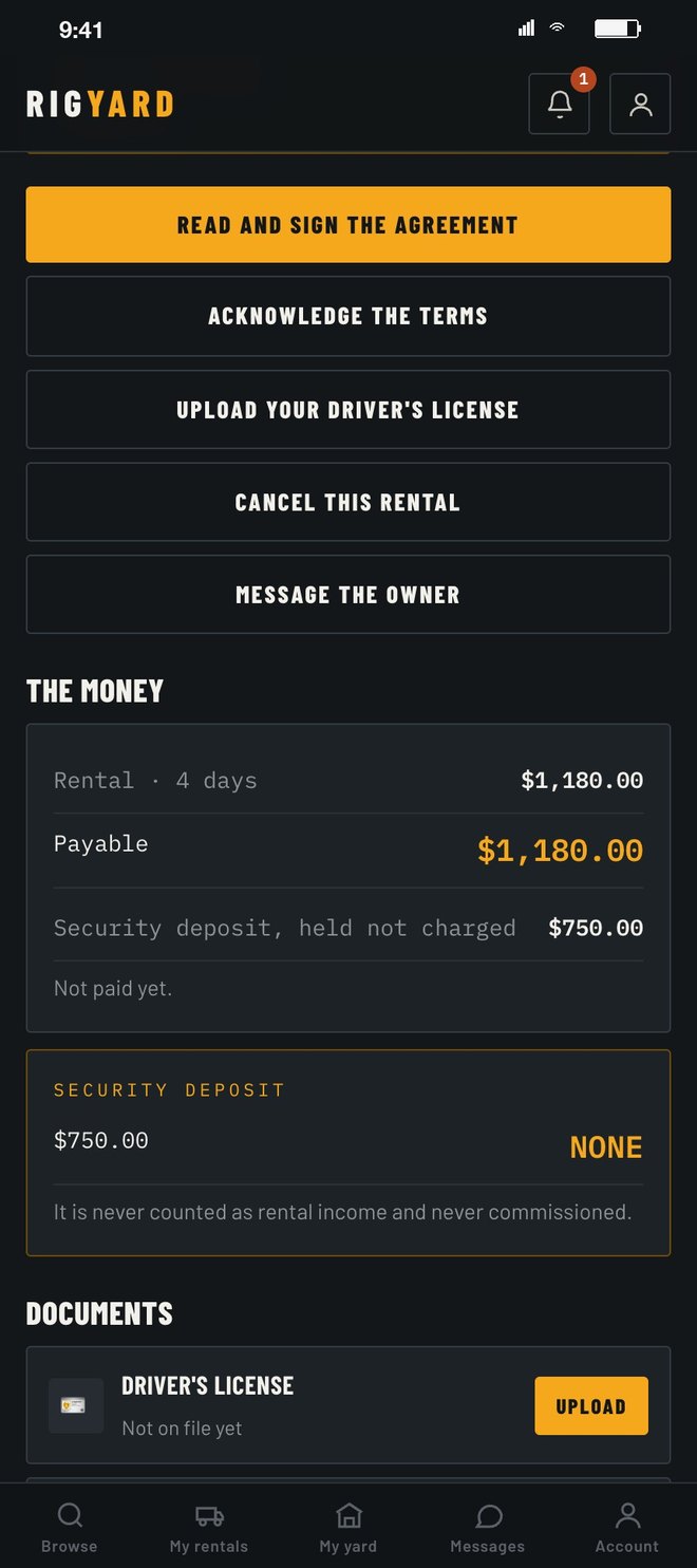 The money on a rental file: rental by the day, payable, security deposit held not charged and never counted as rental income, then documents
