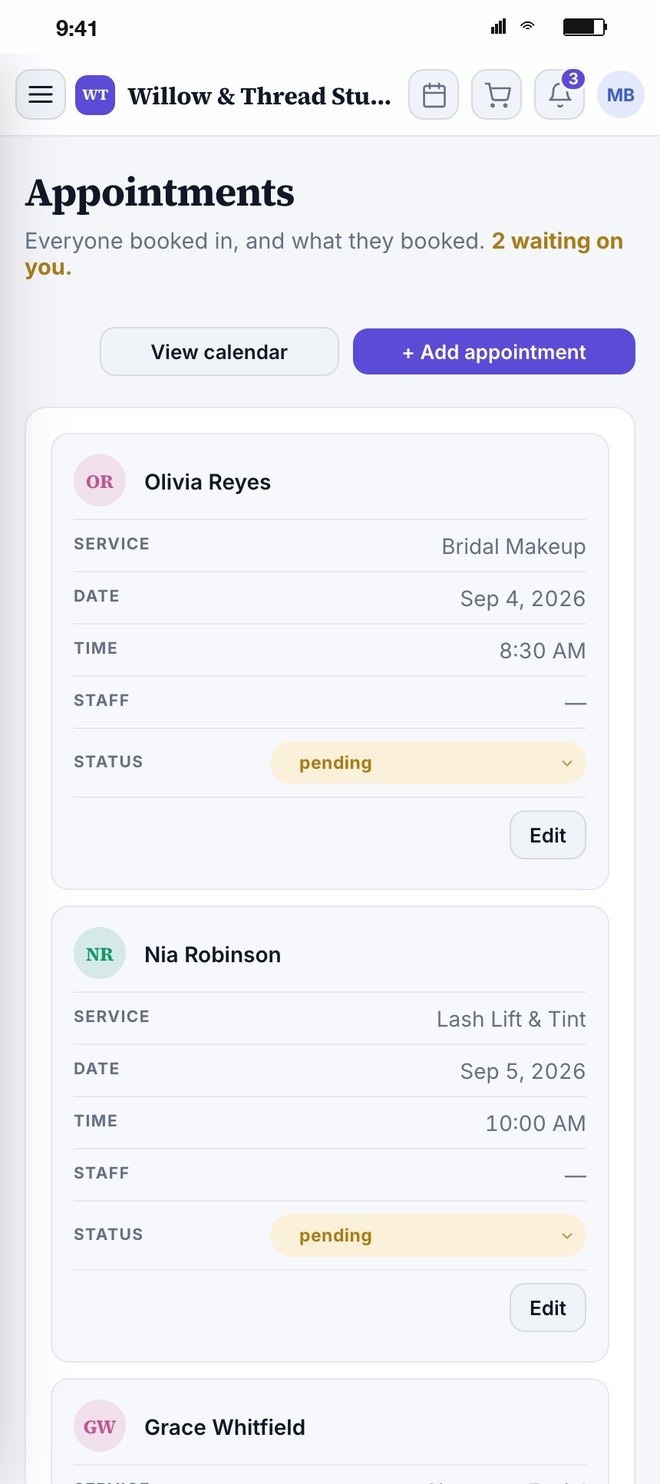 Appointments with a status dropdown on each