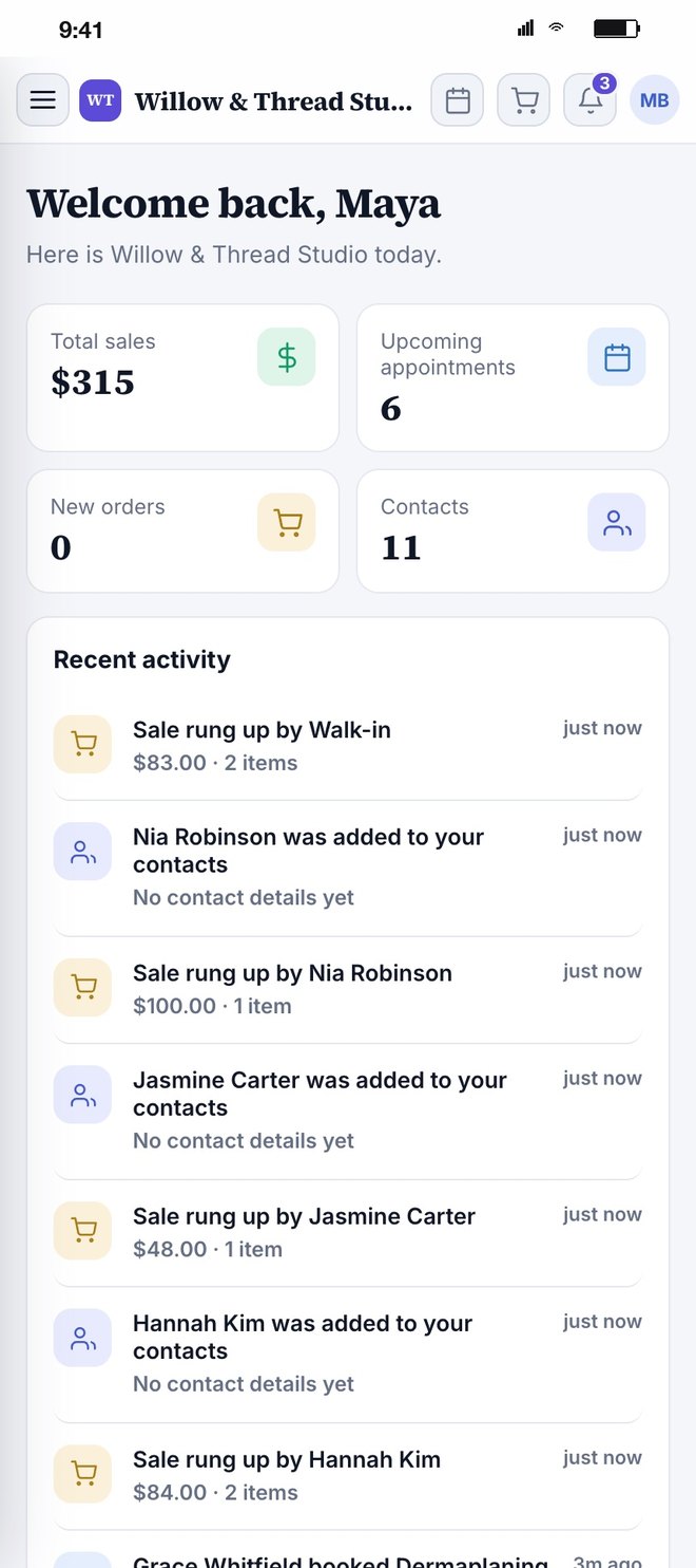 The dashboard: sales, upcoming appointments, new orders, contacts