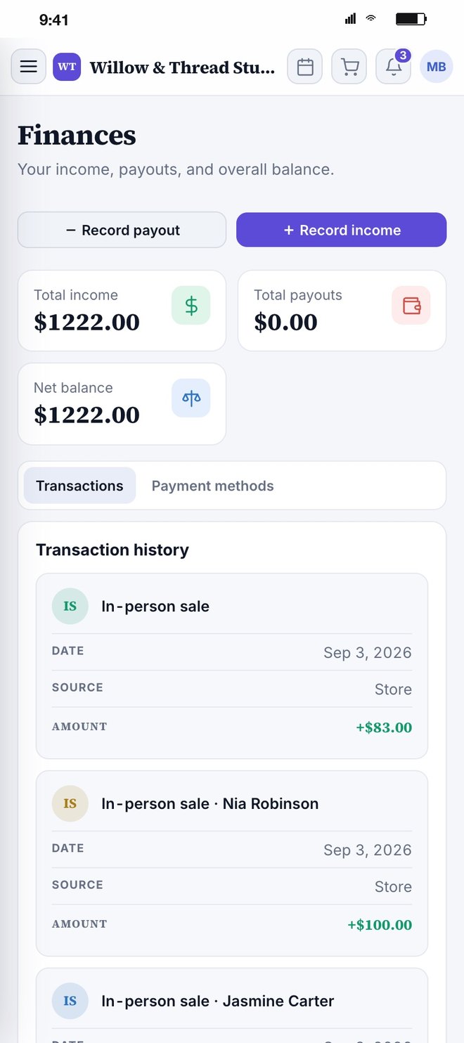 Finances: income, payouts, balance