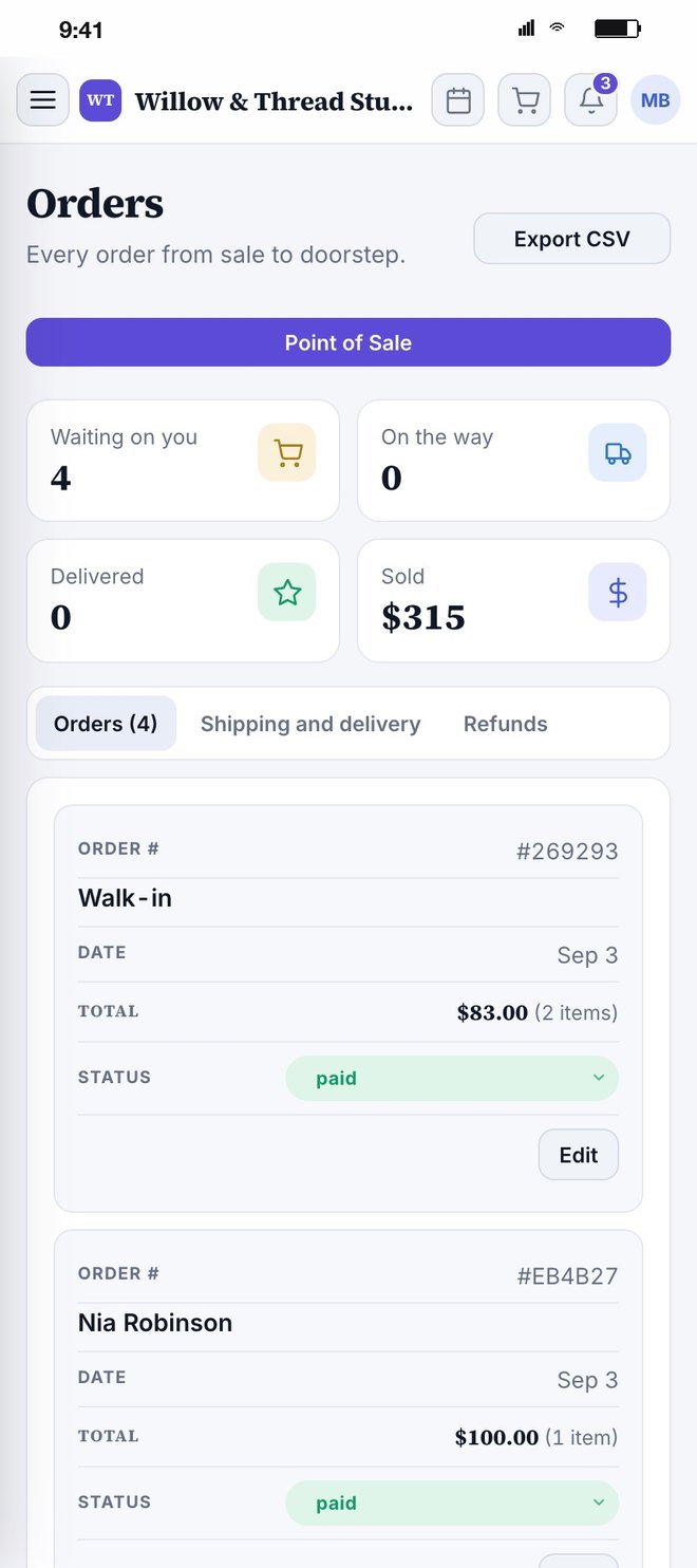 Orders from sale to doorstep, with point of sale