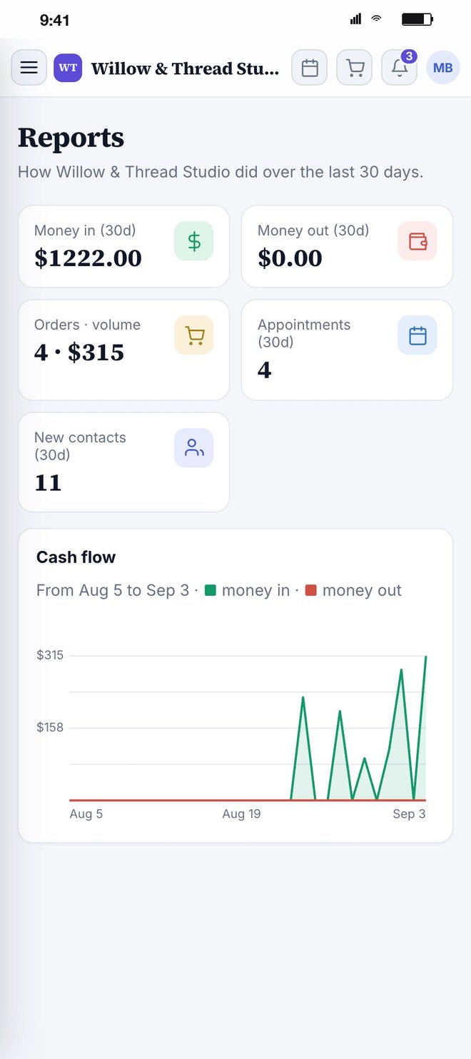 Reports: 30 day money in and out, cash flow