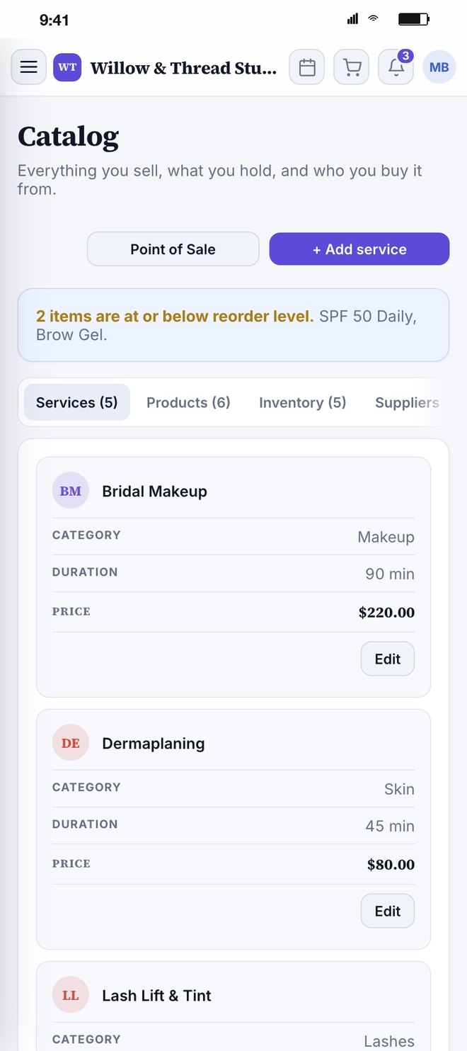 The catalog: services, products, inventory, suppliers