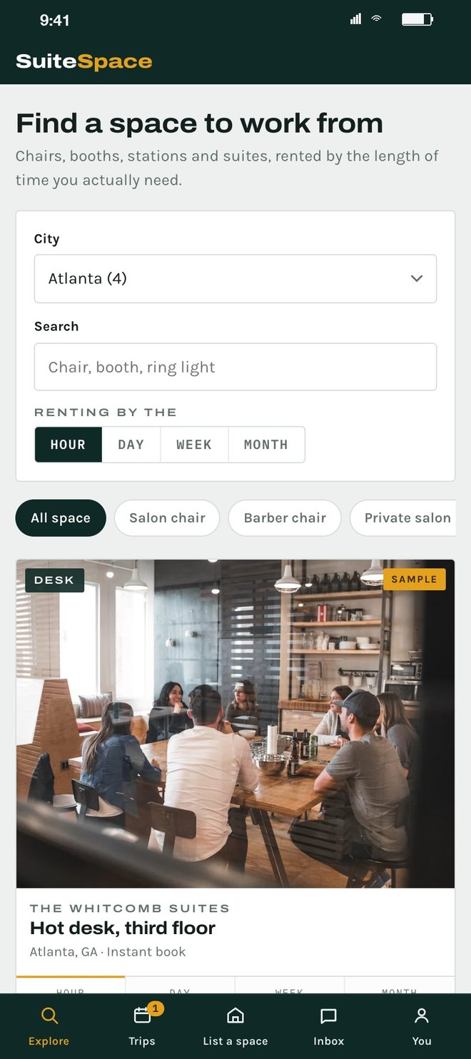 Find a space to work from: city Atlanta, search box, renting by the hour, day, week or month, chips for salon chair, barber chair and private salon, then a sample hot desk card with its photo and prices