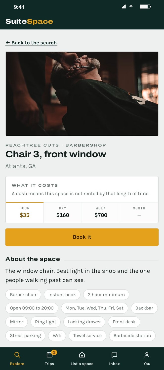 Chair 3, front window at Peachtree Cuts: $35 an hour, $160 a day, $700 a week, a dash for the month, a Book it button, then the chair's description and amenity chips