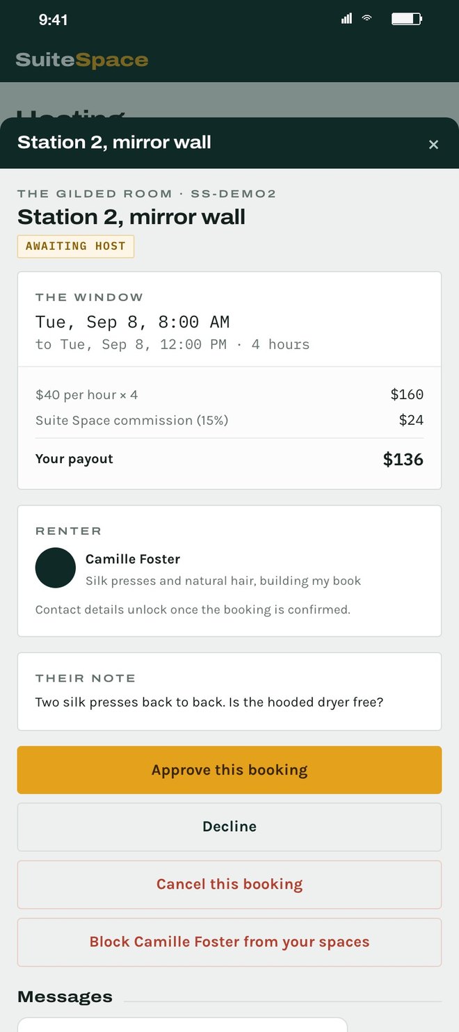 A host's booking sheet: Station 2, mirror wall, Tue Sep 8, 8:00 AM to 12:00 PM, $40 an hour times 4, the Suite Space commission, the host's payout $136, the renter's note, then Approve this booking, Decline, and Block from your spaces