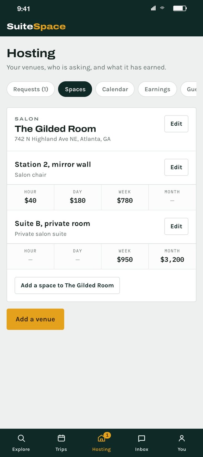 A host's Spaces tab: The Gilded Room, a salon in Atlanta, with Station 2 priced $40 an hour, $180 a day and $780 a week, and Suite B priced $950 a week and $3,200 a month