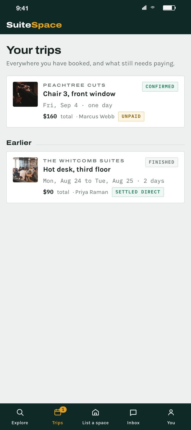 Your trips: a confirmed day at Chair 3, front window on Fri Sep 4, $160 total, and an earlier two day hot desk booking marked finished and settled direct