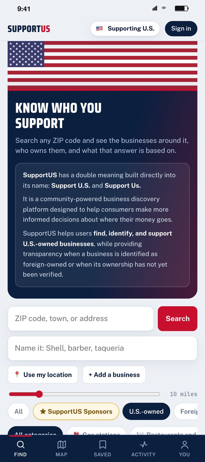 The front page: the flag, Know who you support, the owner's paragraph and the ZIP code search