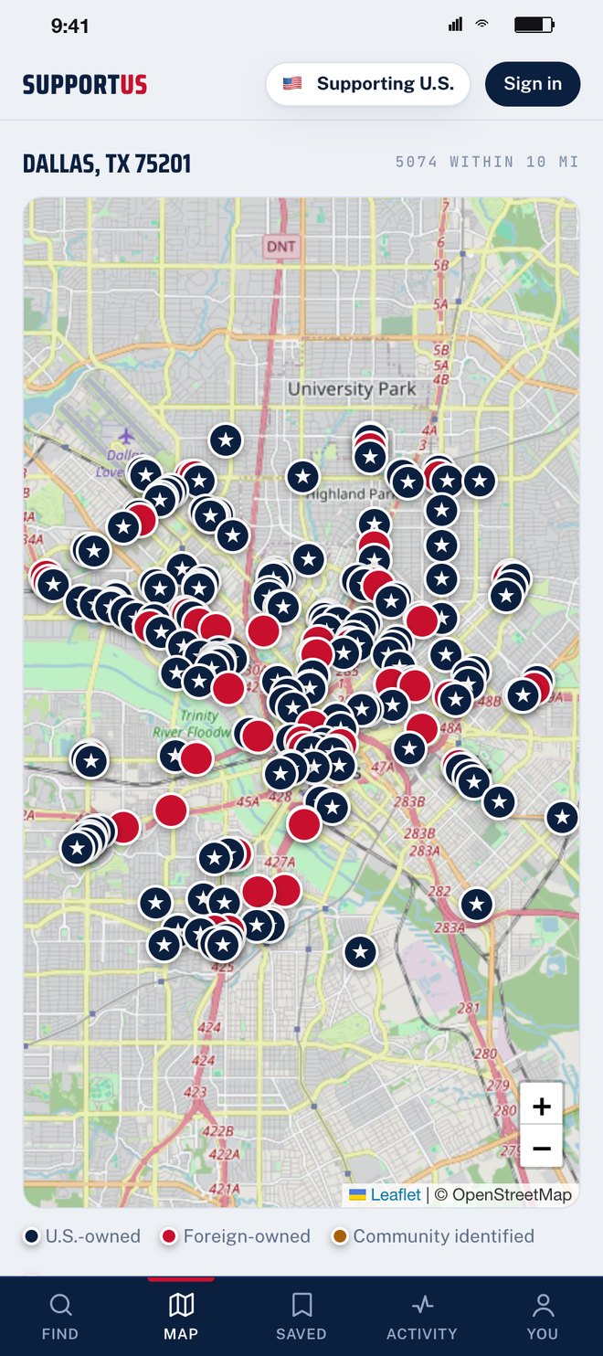 The map view of Dallas: navy stars for U.S.-owned, red dots for foreign-owned