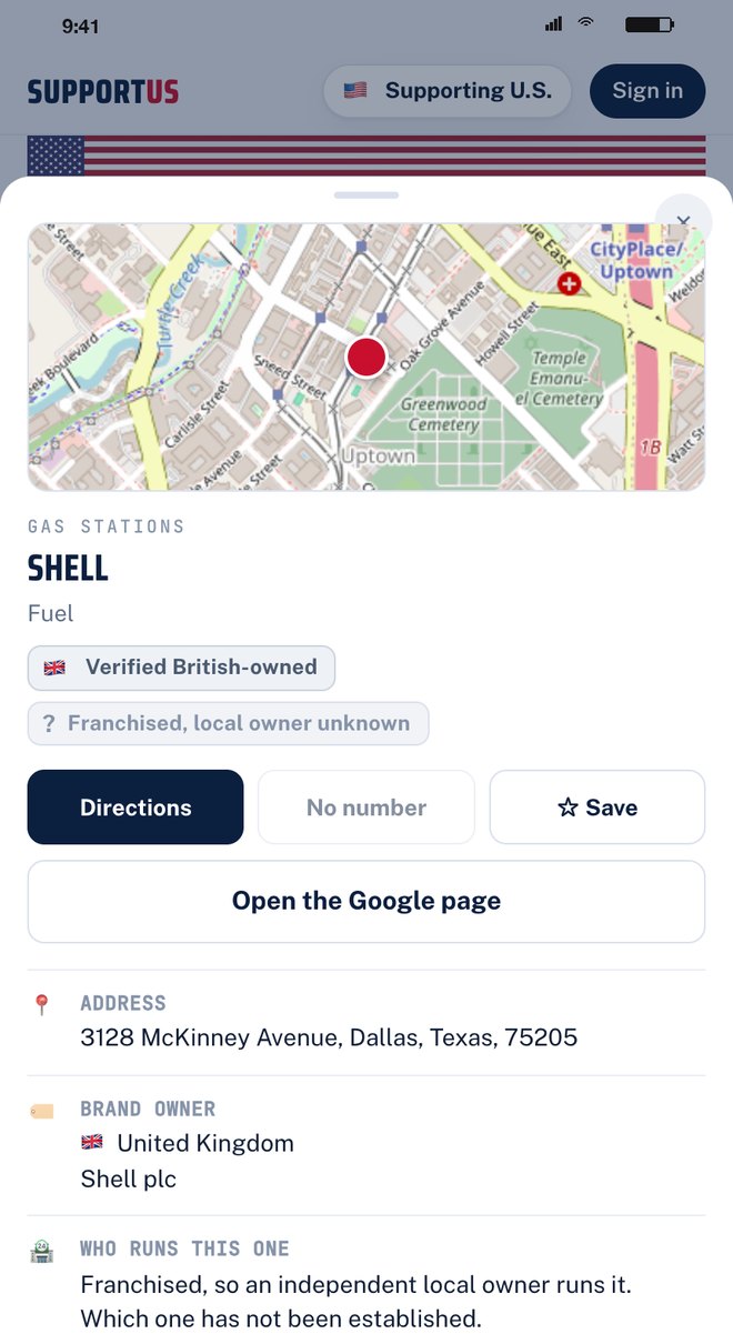 A Shell station listing: Brand owner United Kingdom, Shell plc; Who runs this one: franchised, so an independent local owner