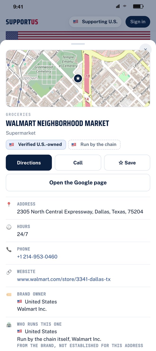 A Walmart Neighborhood Market listing: verified U.S.-owned, run by the chain itself, hours, phone, website