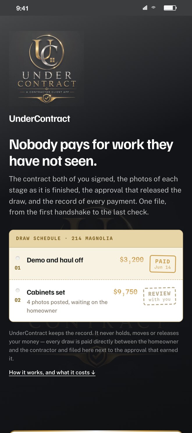 The UnderContract front page: nobody pays for work they have not seen