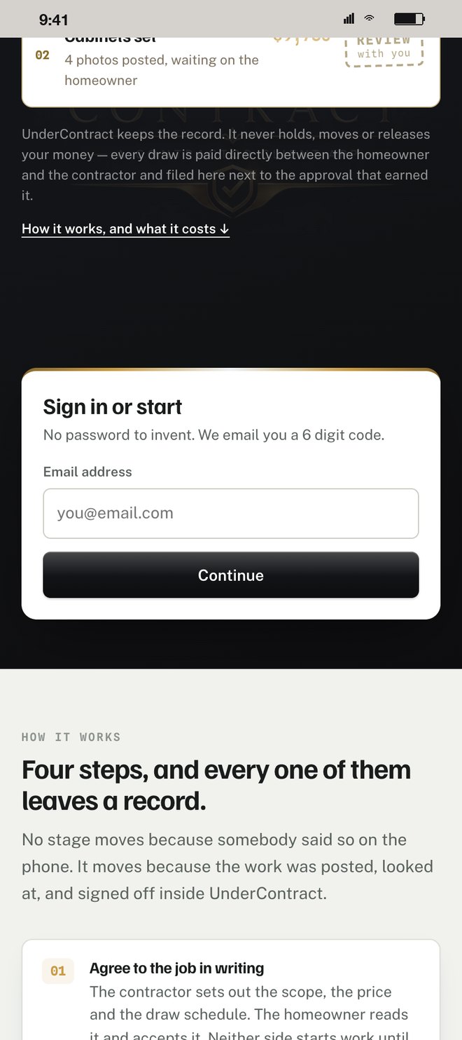 Sign in or start: an email address and a 6 digit code, no password