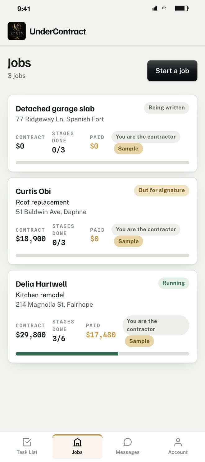 Jobs, filed under the customer's name, with contract total, stages done and paid