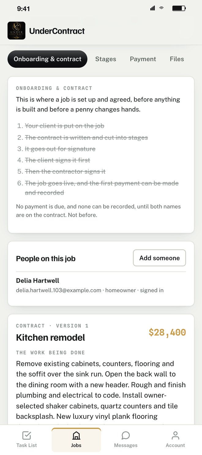 Onboarding and contract: the order of a job, the people on it, the contract at $28,400