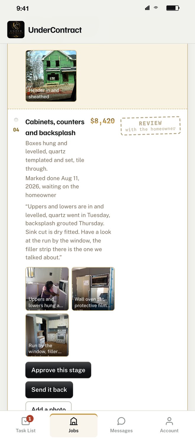 The homeowner's view of a finished stage: the photos, the contractor's note, Approve this stage or Send it back