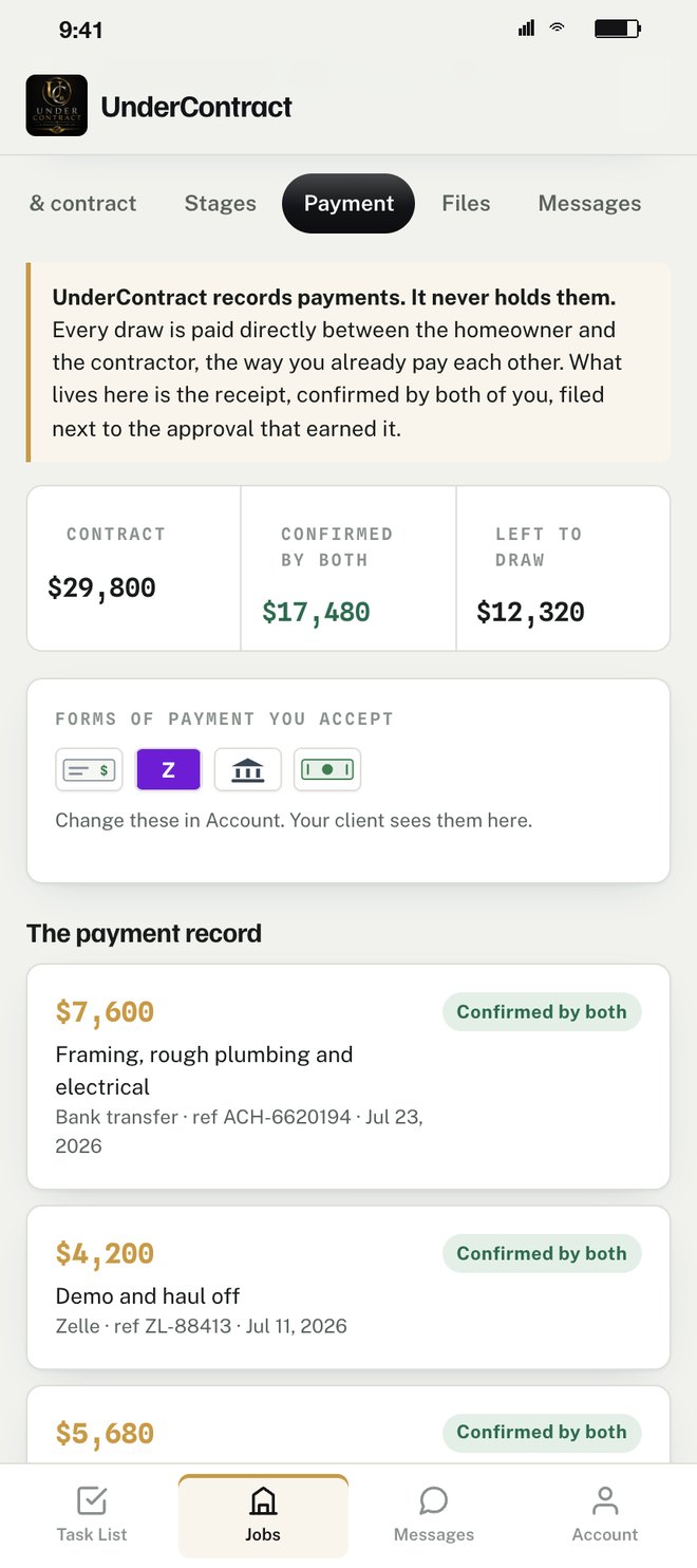 The payment record: contract, confirmed by both, left to draw, and the forms of payment accepted