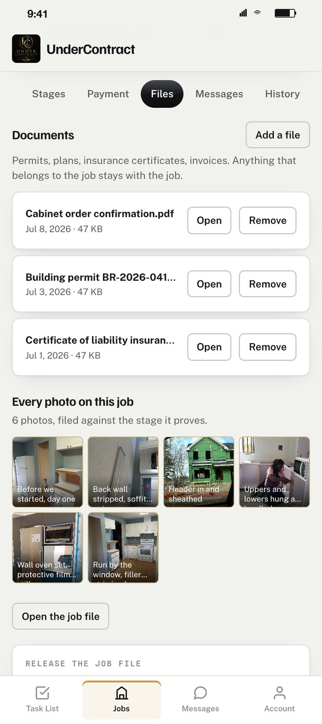 Files: permits, the cabinet order confirmation, insurance, and every photo on the job