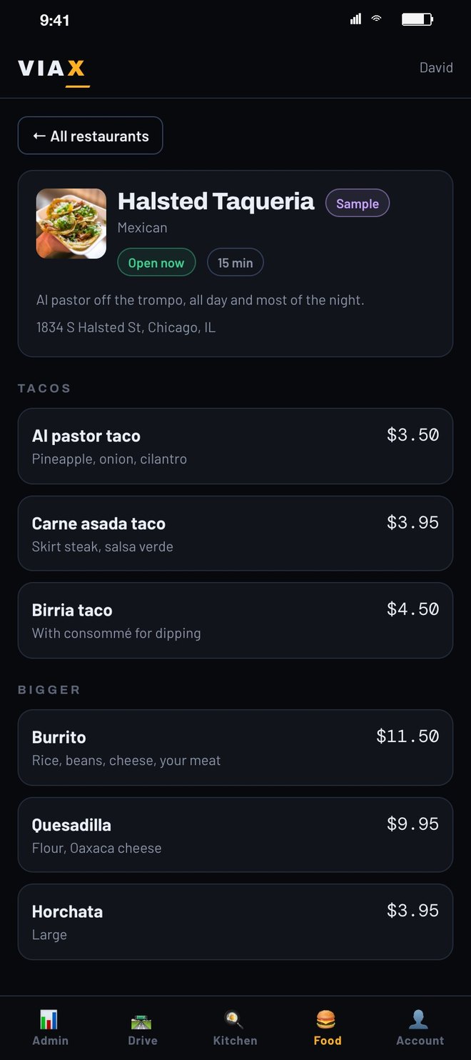 A restaurant menu: tacos and bigger plates with prices