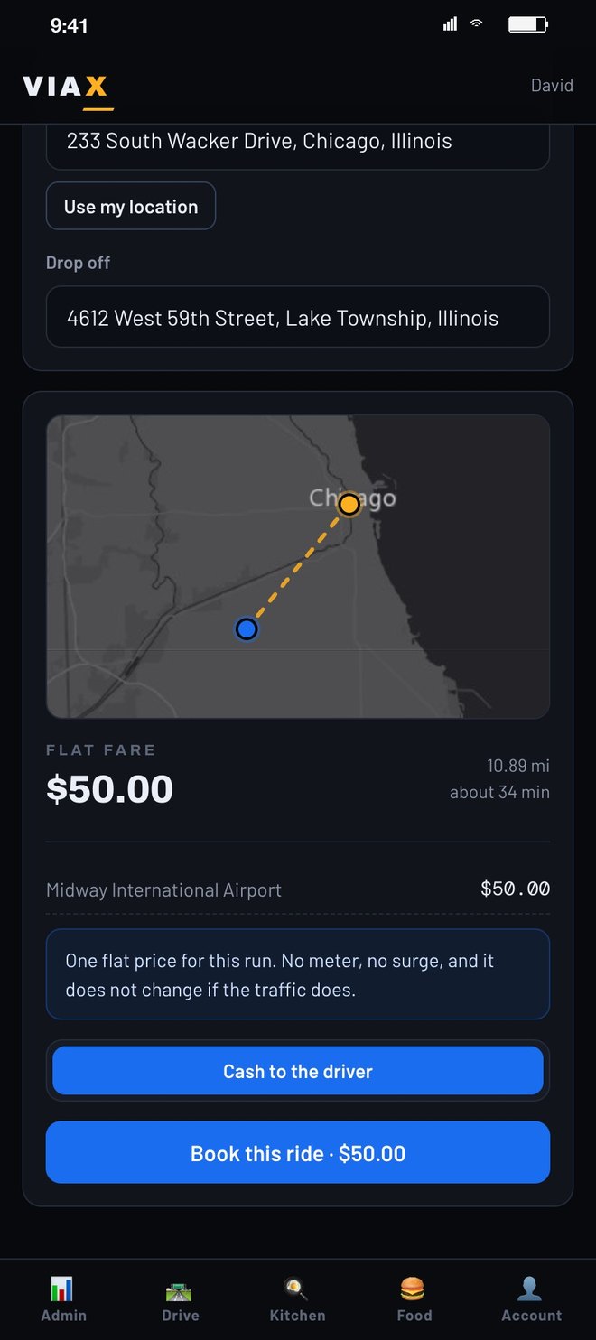 A ride quote to Midway airport: the route on a map, a $50 flat fare, no meter, and Book this ride